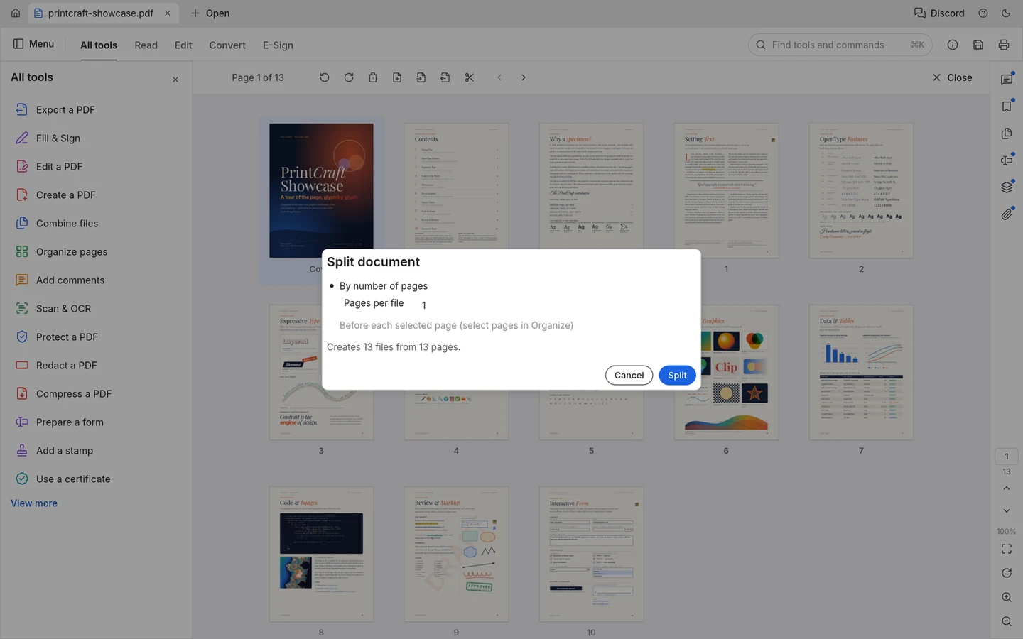 Official PdfCraft split dialog showing thirteen output files from a thirteen-page document