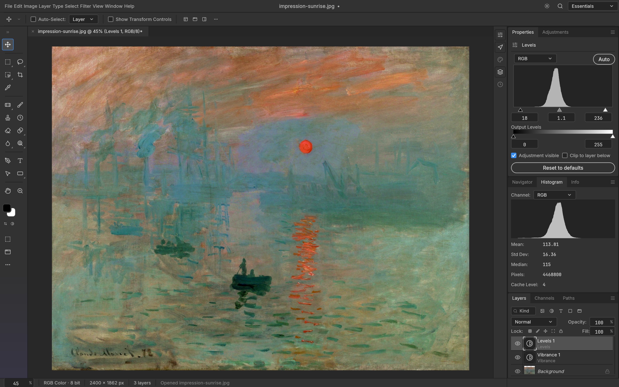 PhotoCraft displaying Levels and Vibrance adjustments over Monet’s Impression, Sunrise