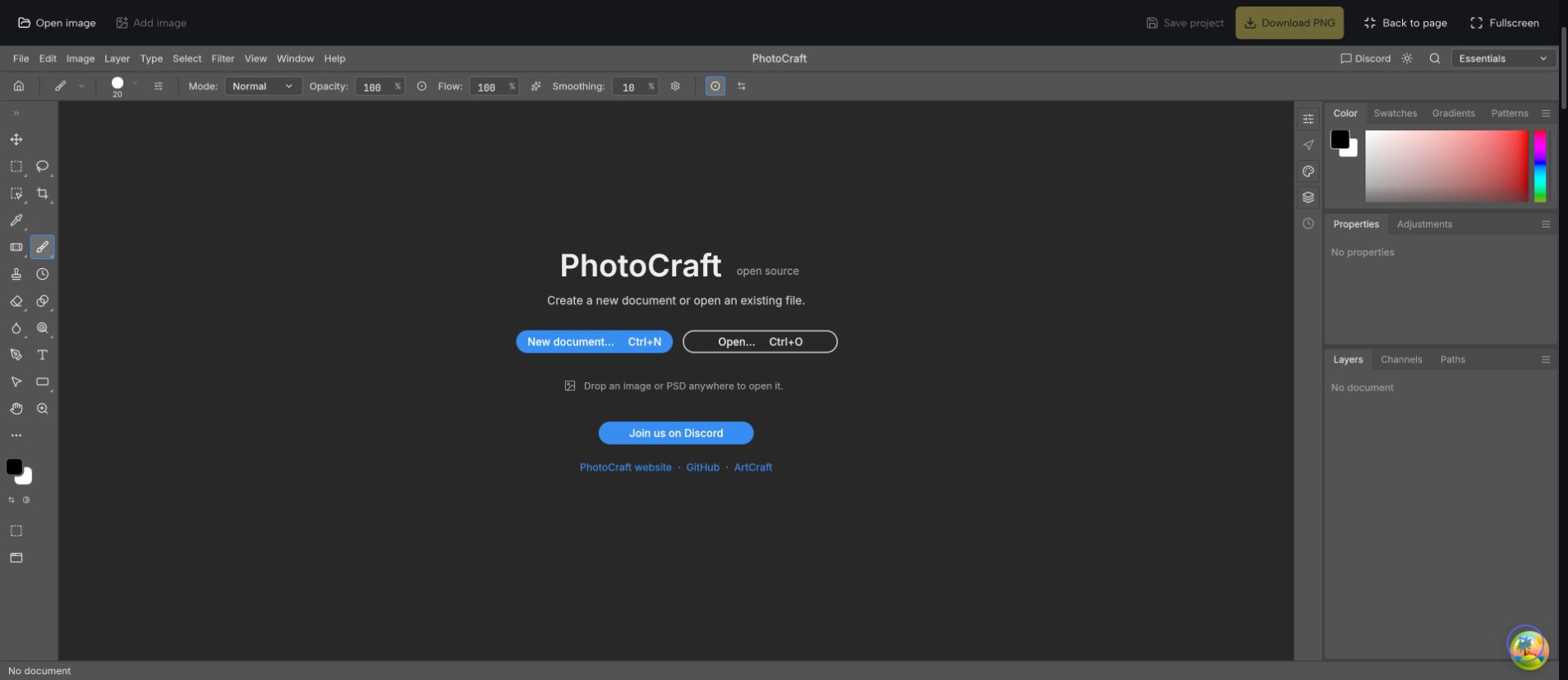 PhotoCraft 启动后的工作区,上方为文件操作,左侧为工具,右侧为图层面板